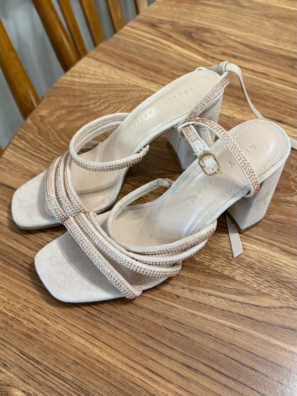 Kelly & Katie Nude Beaded Block Heel Sandals